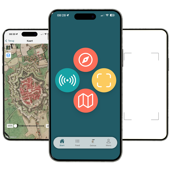 Tres pantallas de smartphone con la ErfgoedApp : resumen de recorridos patrimoniales, mapa interactivo y funciones de realidad aumentada